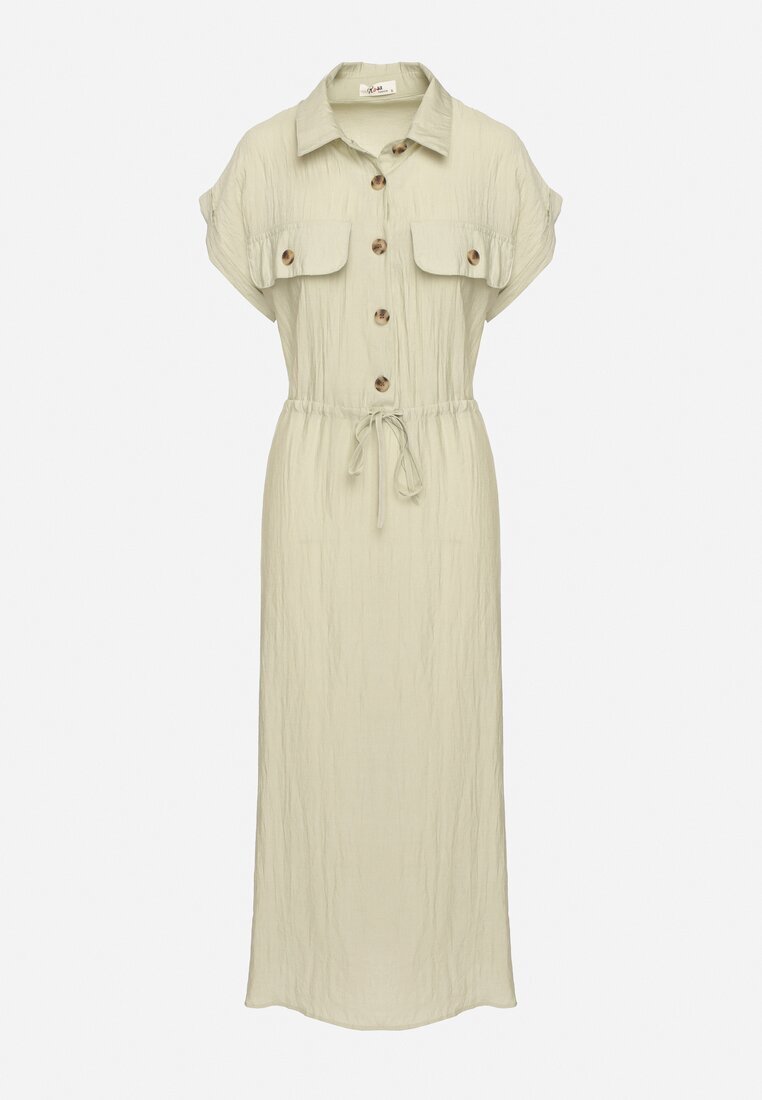 rosa Rochie verde deschis din viscoză cloș cu elastic în talie decorată cu nasturi Lemvia