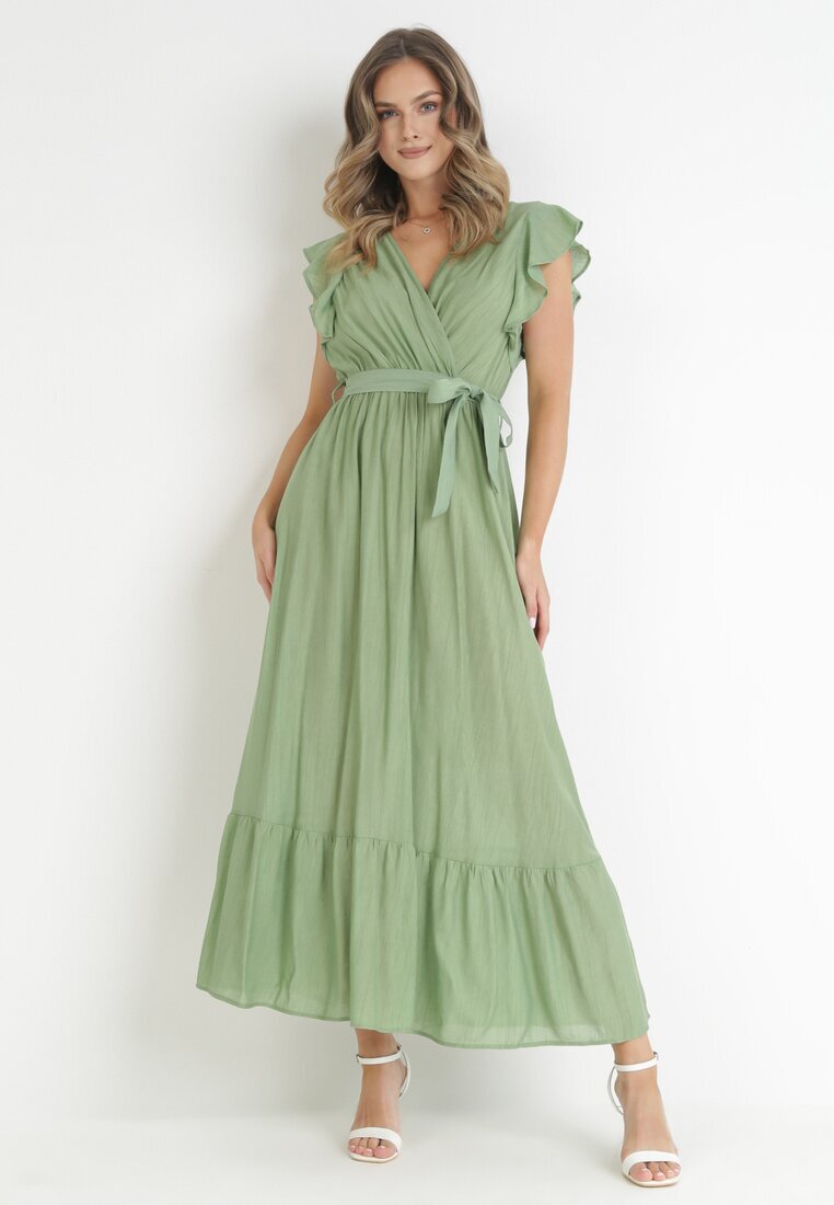 rosa Rochie Verde Evazată cu Cordon Legat Nonru