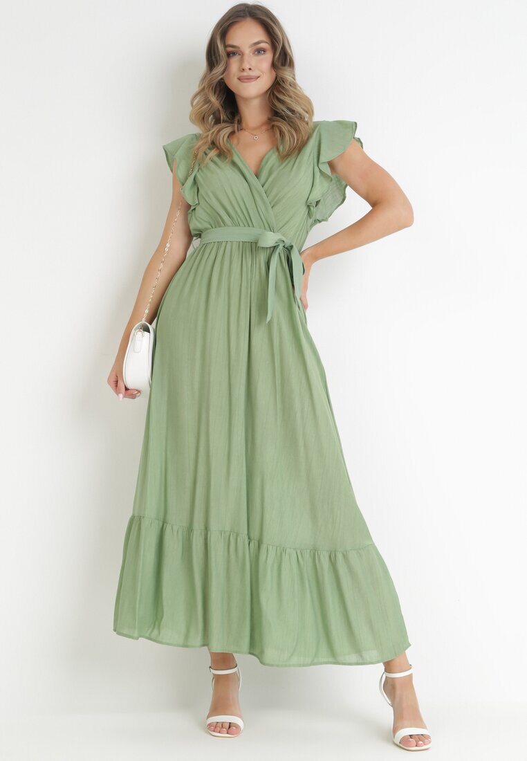 rosa Rochie Verde Evazată cu Cordon Legat Nonru