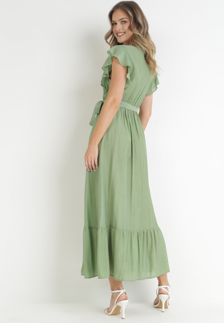 rosa Rochie Verde Evazată cu Cordon Legat Nonru