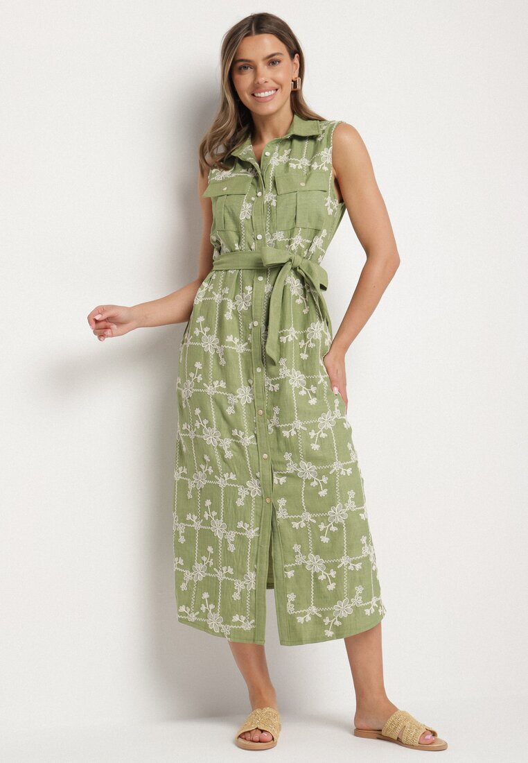 rosa Rochie Verde Fără Mâneci Croială tip Cămașă cu Cordon Decorată cu Broderie Fodarela
