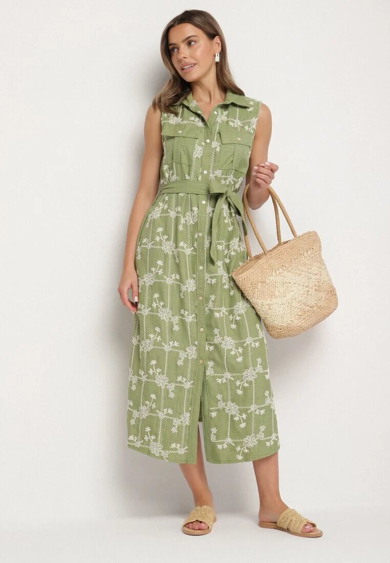 rosa Rochie Verde Fără Mâneci Croială tip Cămașă cu Cordon Decorată cu Broderie Fodarela