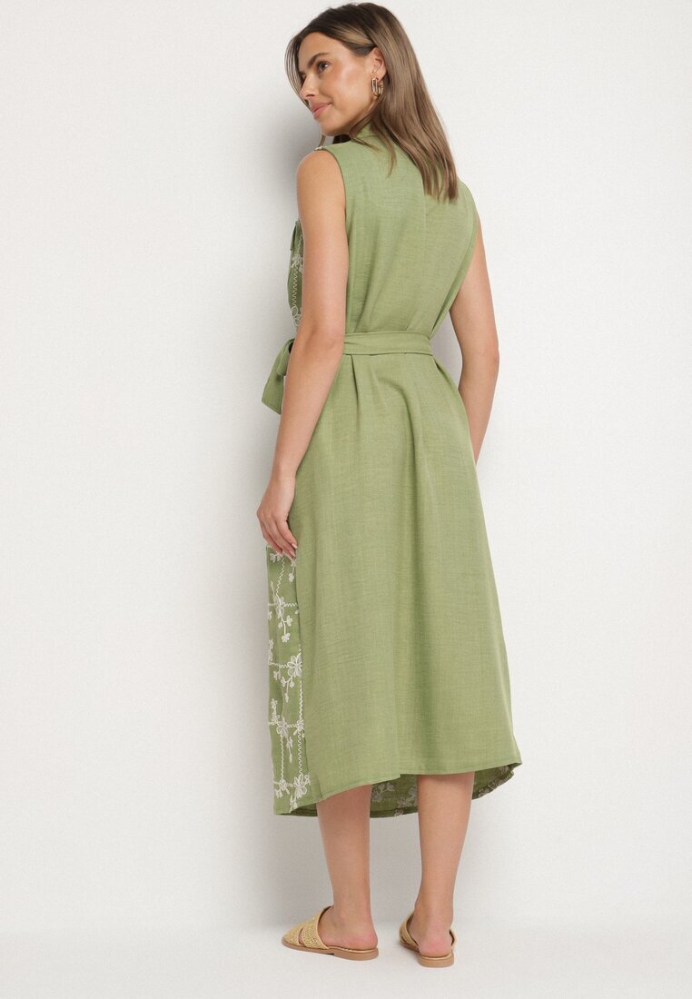 rosa Rochie Verde Fără Mâneci Croială tip Cămașă cu Cordon Decorată cu Broderie Fodarela