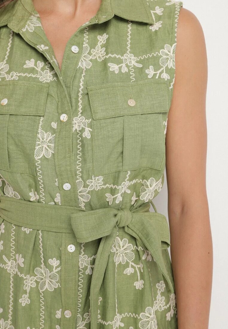 rosa Rochie Verde Fără Mâneci Croială tip Cămașă cu Cordon Decorată cu Broderie Fodarela