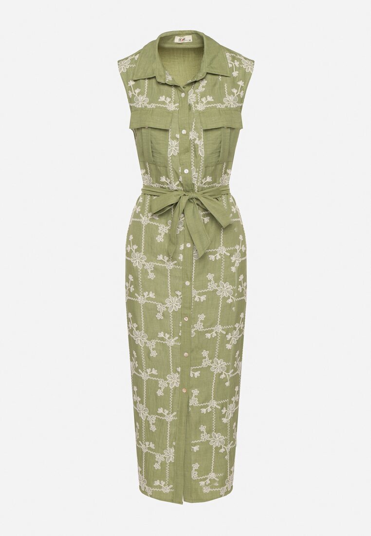 rosa Rochie Verde Fără Mâneci Croială tip Cămașă cu Cordon Decorată cu Broderie Fodarela