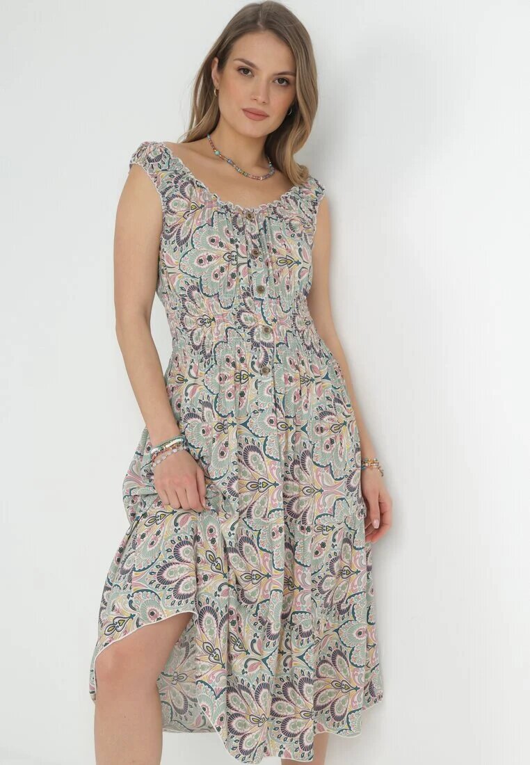 rosa Rochie Verde mentă-Roz Evazată Midi cu bretele late cu elastic în talie Anelanie
