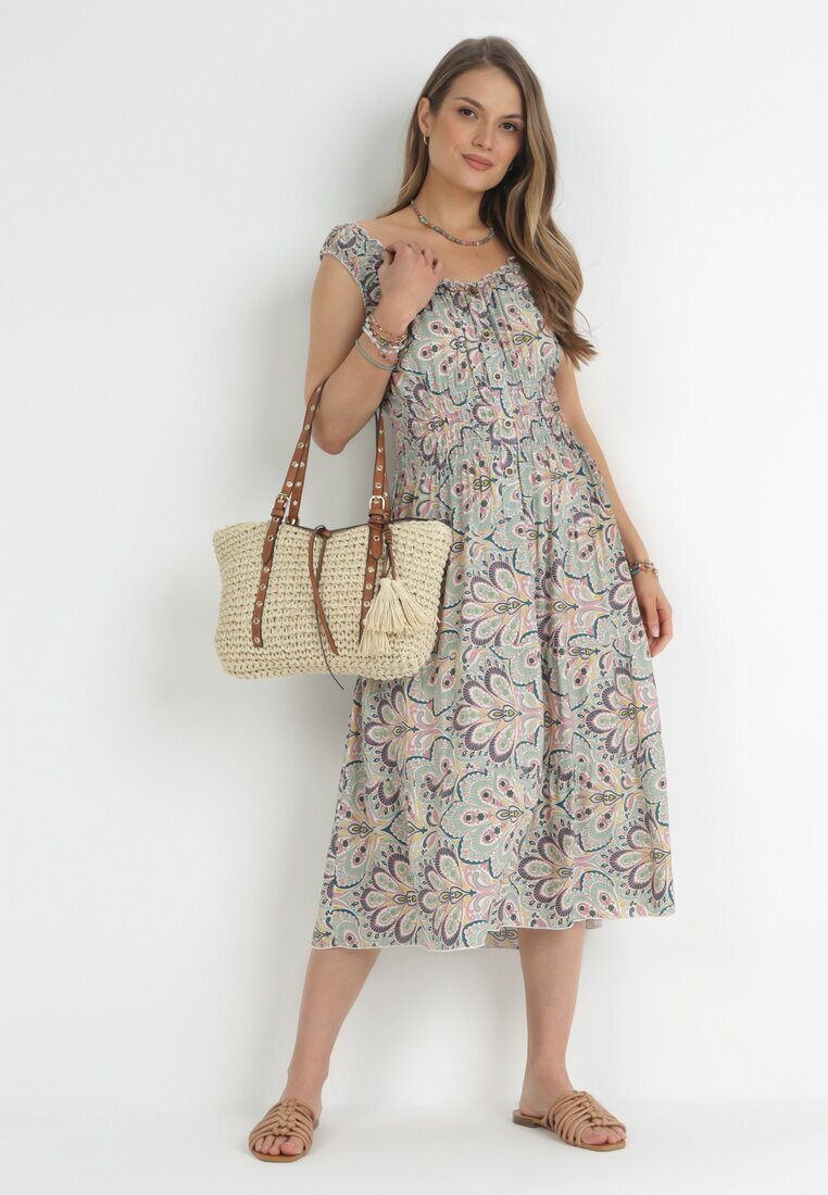 rosa Rochie Verde mentă-Roz Evazată Midi cu bretele late cu elastic în talie Anelanie