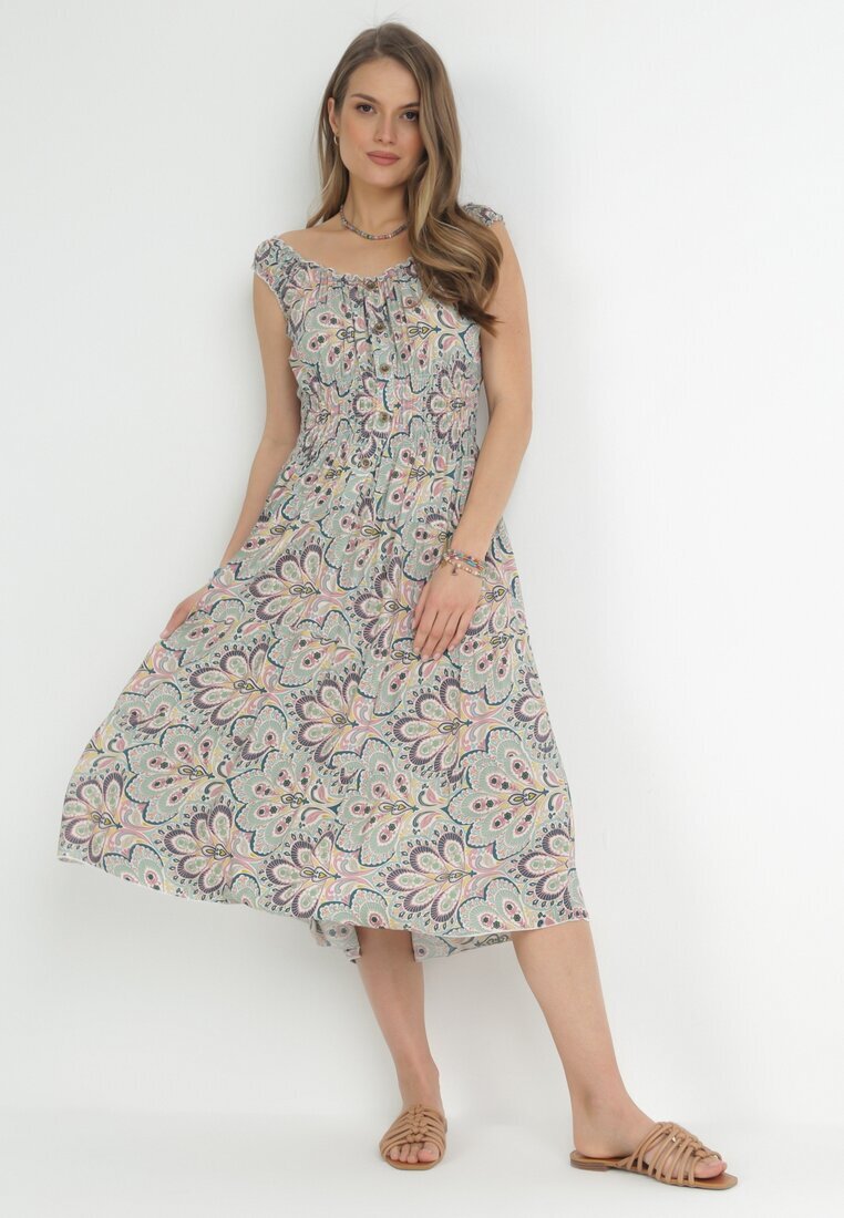 rosa Rochie Verde mentă-Roz Evazată Midi cu bretele late cu elastic în talie Anelanie
