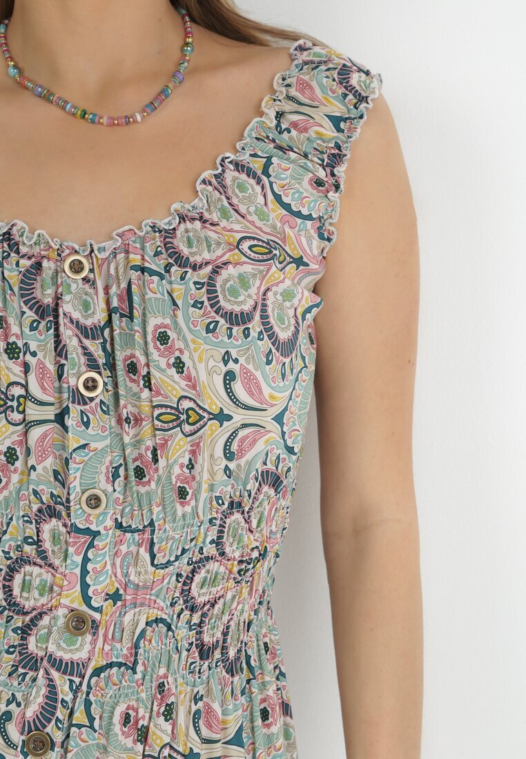rosa Rochie Verde mentă-Roz Evazată Midi cu bretele late cu elastic în talie Anelanie