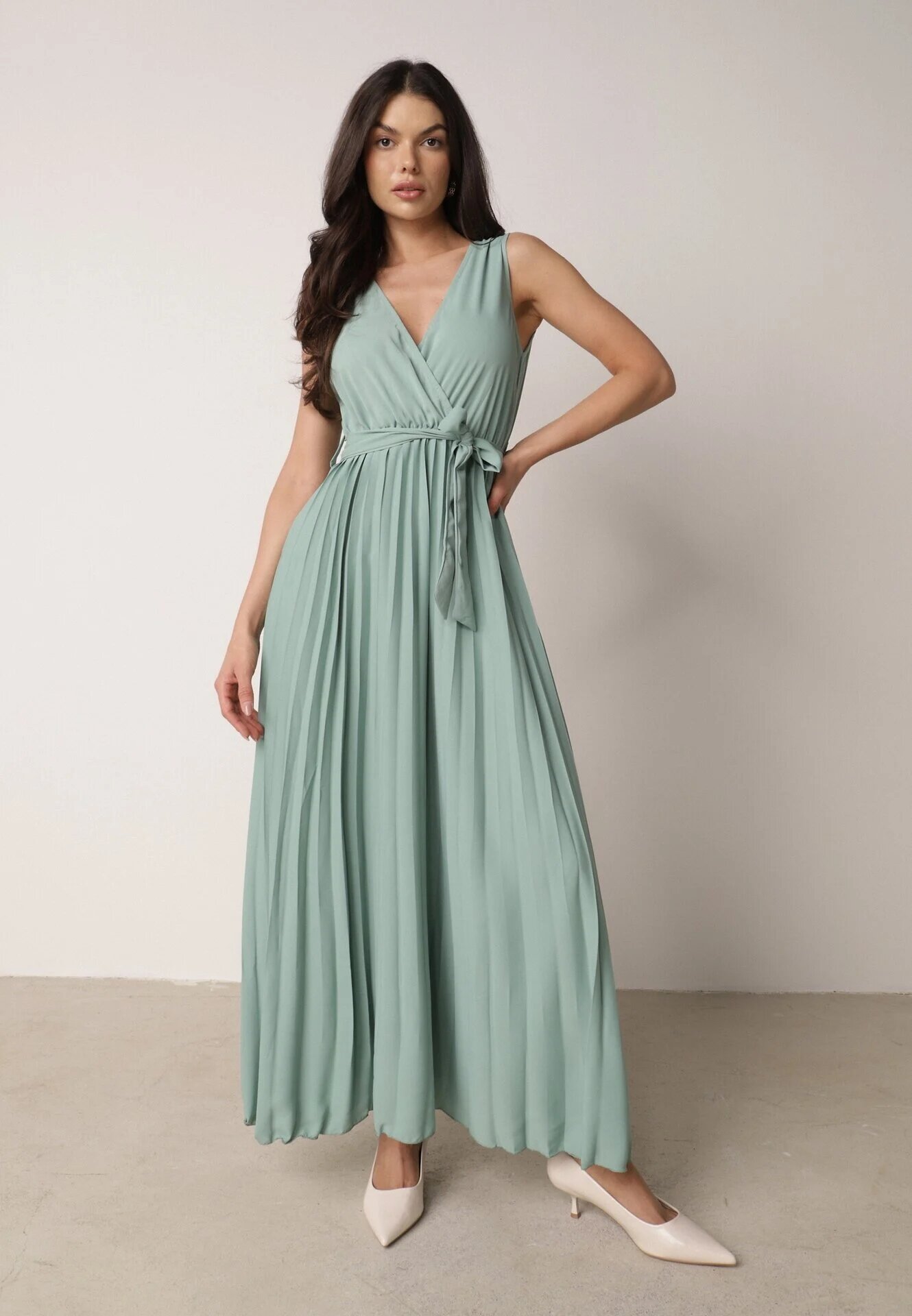 rosa Rochie Verde Plisată Maxi cu elastic în talie și cordon din material Biak
