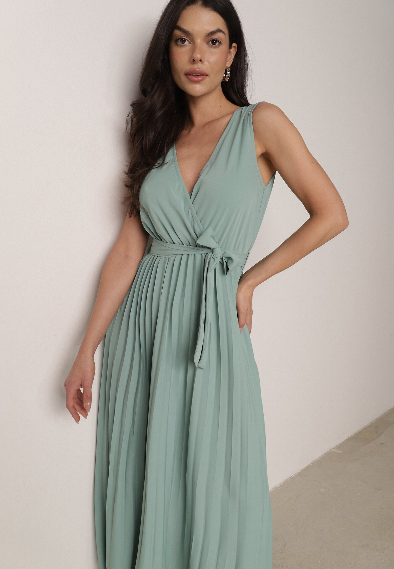 rosa Rochie Verde Plisată Maxi cu elastic în talie și cordon din material Biak