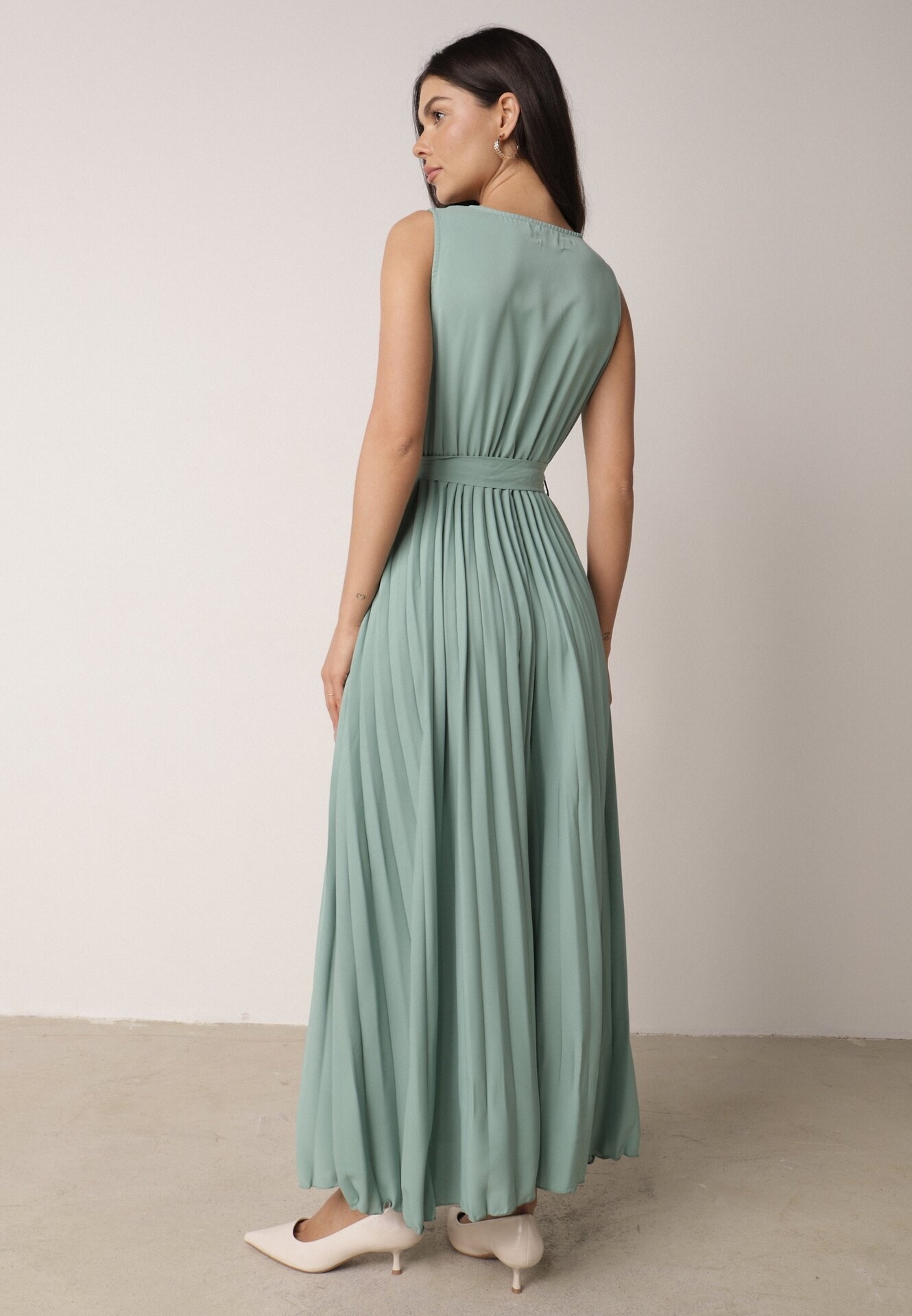 rosa Rochie Verde Plisată Maxi cu elastic în talie și cordon din material Biak