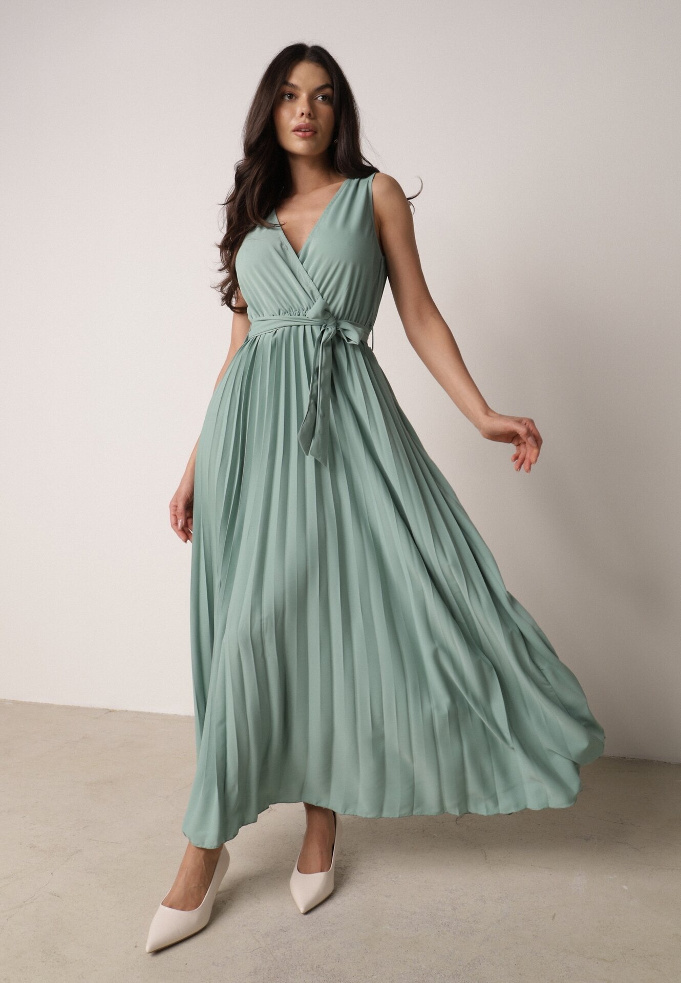 rosa Rochie Verde Plisată Maxi cu elastic în talie și cordon din material Biak