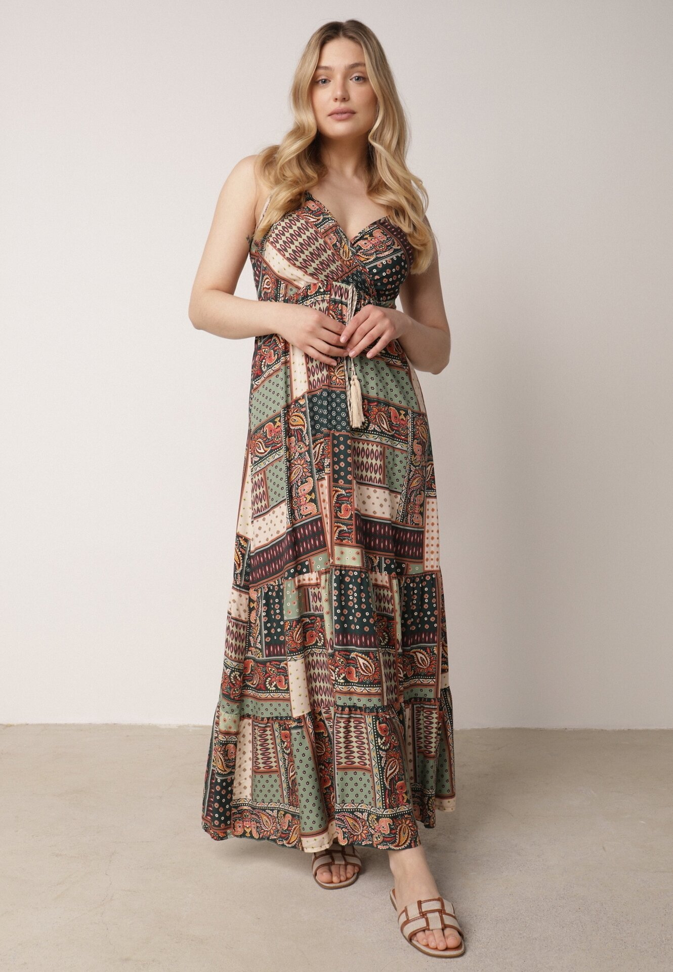rosa Rochie Verde Tip Plic din Viscoză cu Imprimeu Tip Patchwork Hickey