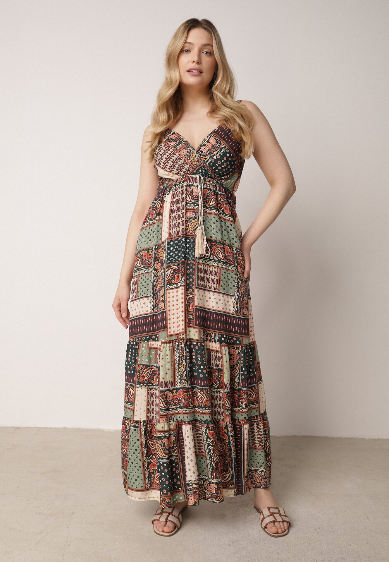 rosa Rochie Verde Tip Plic din Viscoză cu Imprimeu Tip Patchwork Hickey