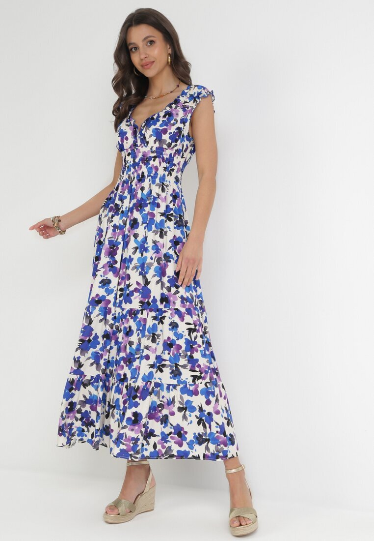 rosa Rochie Viscoză Mov-Albastră Maxi cu Decolteu Petrecut și Elastic în Talie Erian
