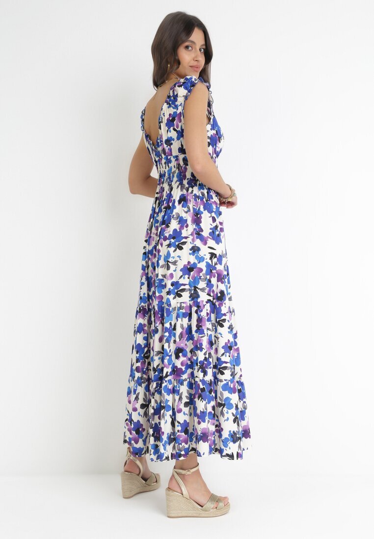 rosa Rochie Viscoză Mov-Albastră Maxi cu Decolteu Petrecut și Elastic în Talie Erian