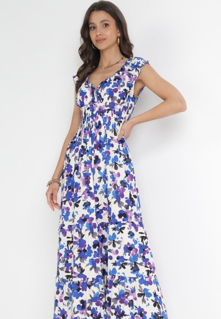 rosa Rochie Viscoză Mov-Albastră Maxi cu Decolteu Petrecut și Elastic în Talie Erian