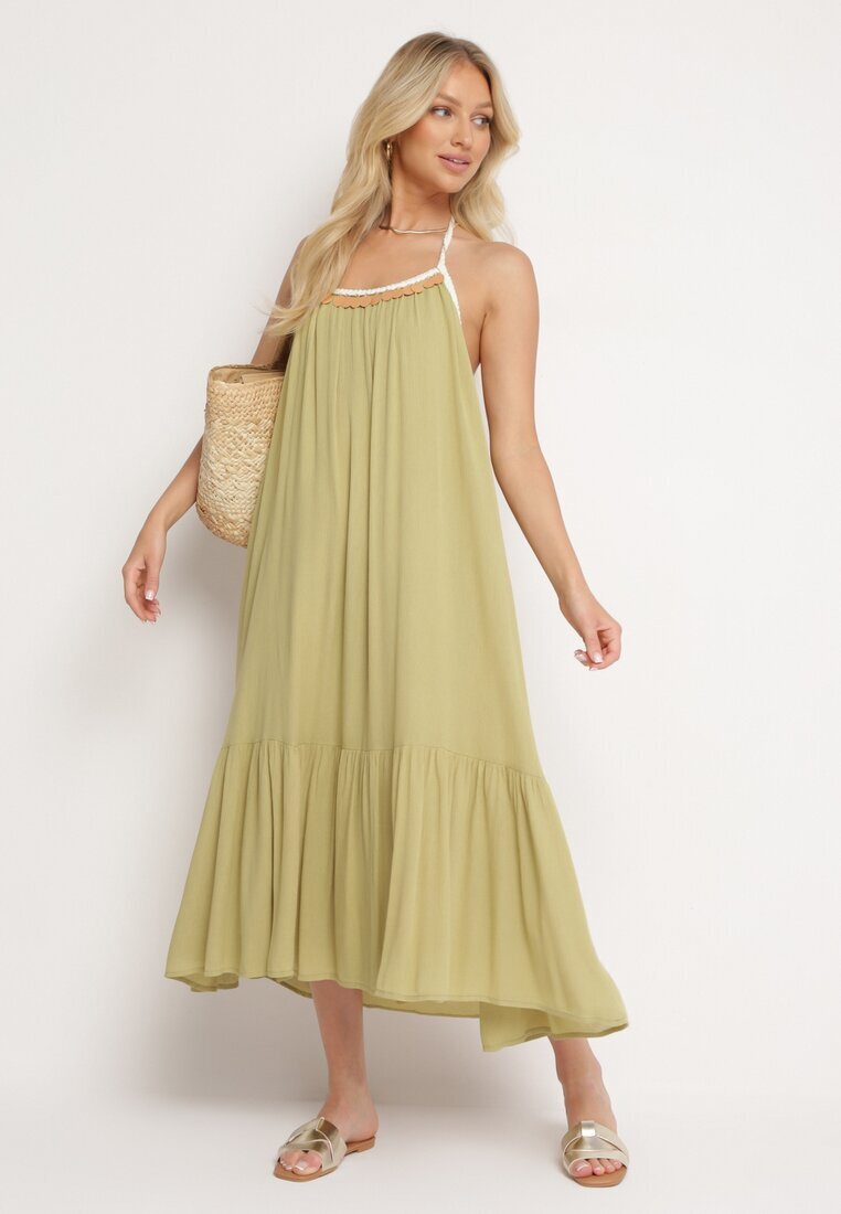 rosa Rochie Viscoză Verde cu Bretele Decorată cu Paiete și Fir Metalic Comalara