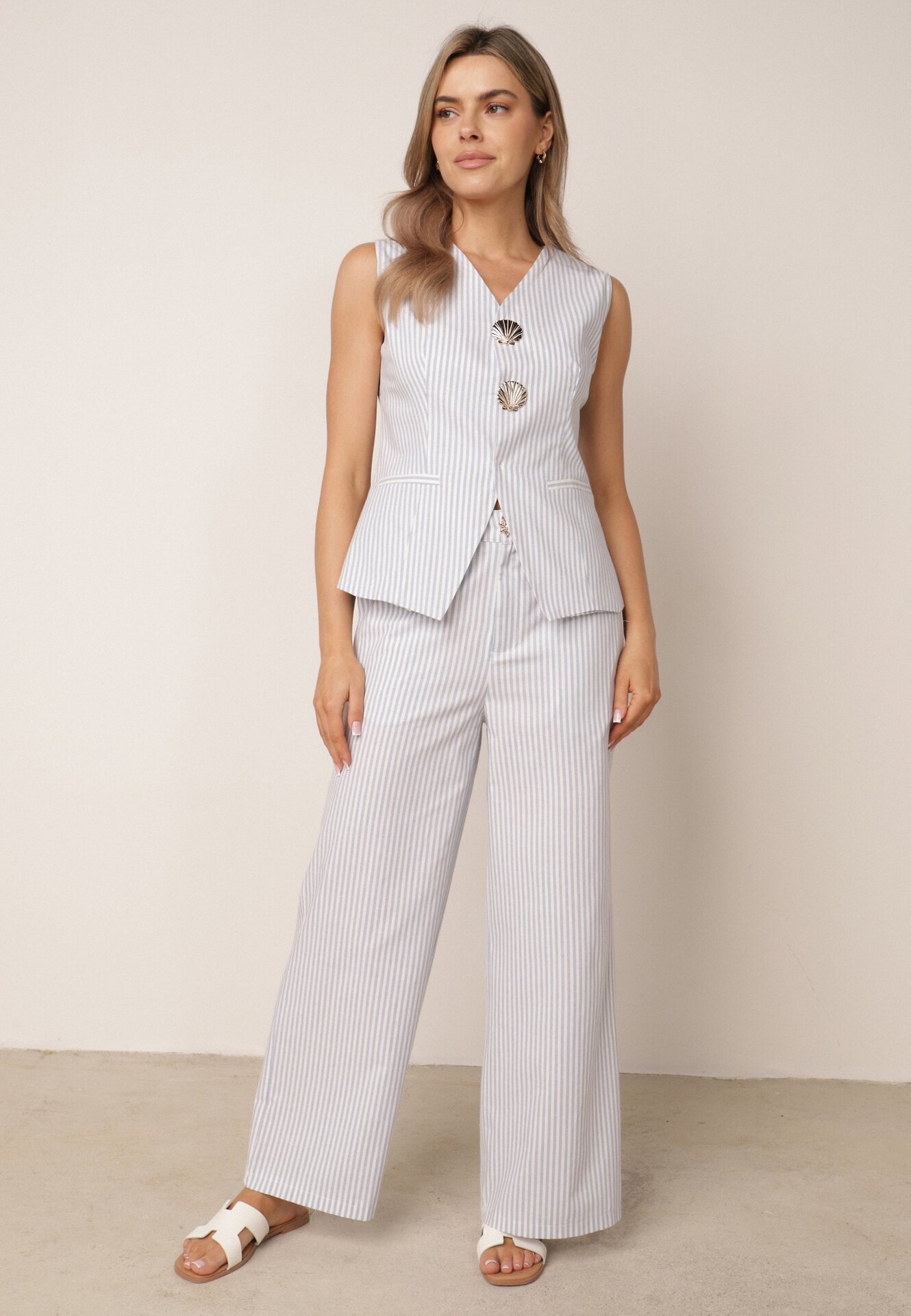 rosa Set din bumbac cu dungi vestă cu nasturi în formă de scoici și pantaloni Semaris Albastru