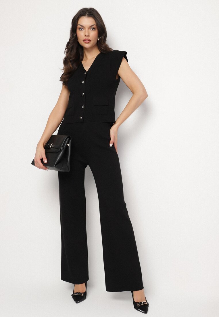 rosa Set Negru Vestă cu nasturi și Pantaloni drepți cu elastic în talie Anniola
