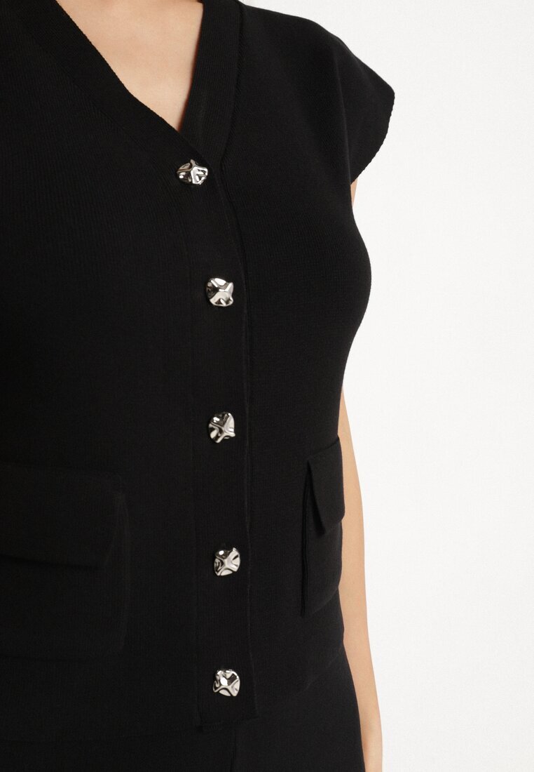 rosa Set Negru Vestă cu nasturi și Pantaloni drepți cu elastic în talie Anniola