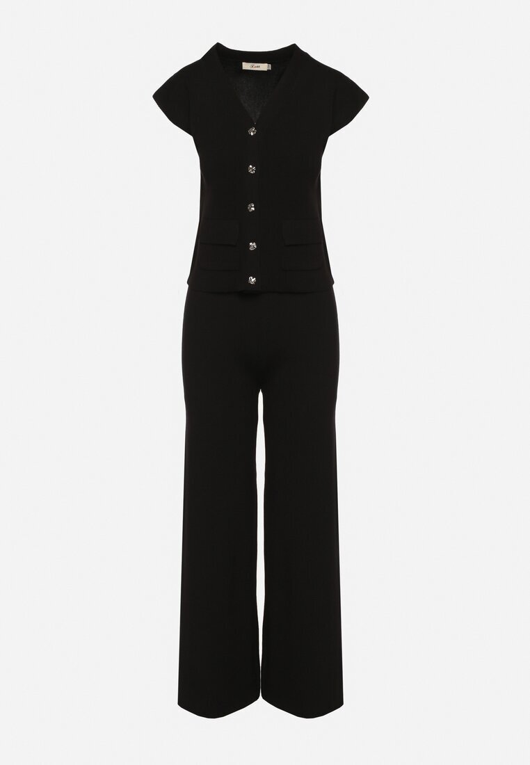 rosa Set Negru Vestă cu nasturi și Pantaloni drepți cu elastic în talie Anniola