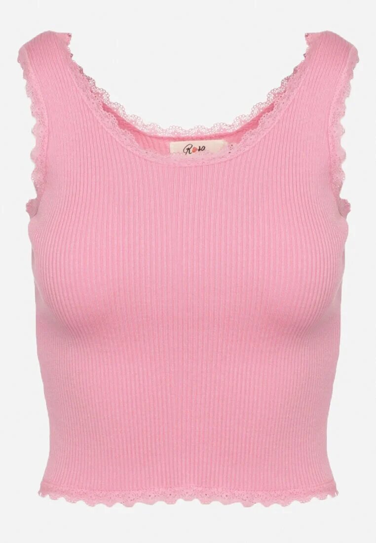 rosa Tank Top Roz cu Bordură Decorativă de Dantelă Aritvea