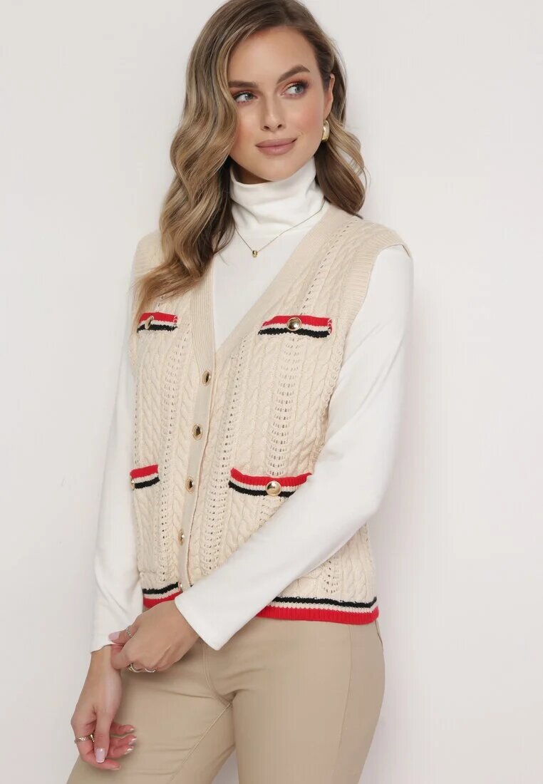 rosa Vestă Tricotată Bej cu Borduri Decorative și Textură Groasă Euferia