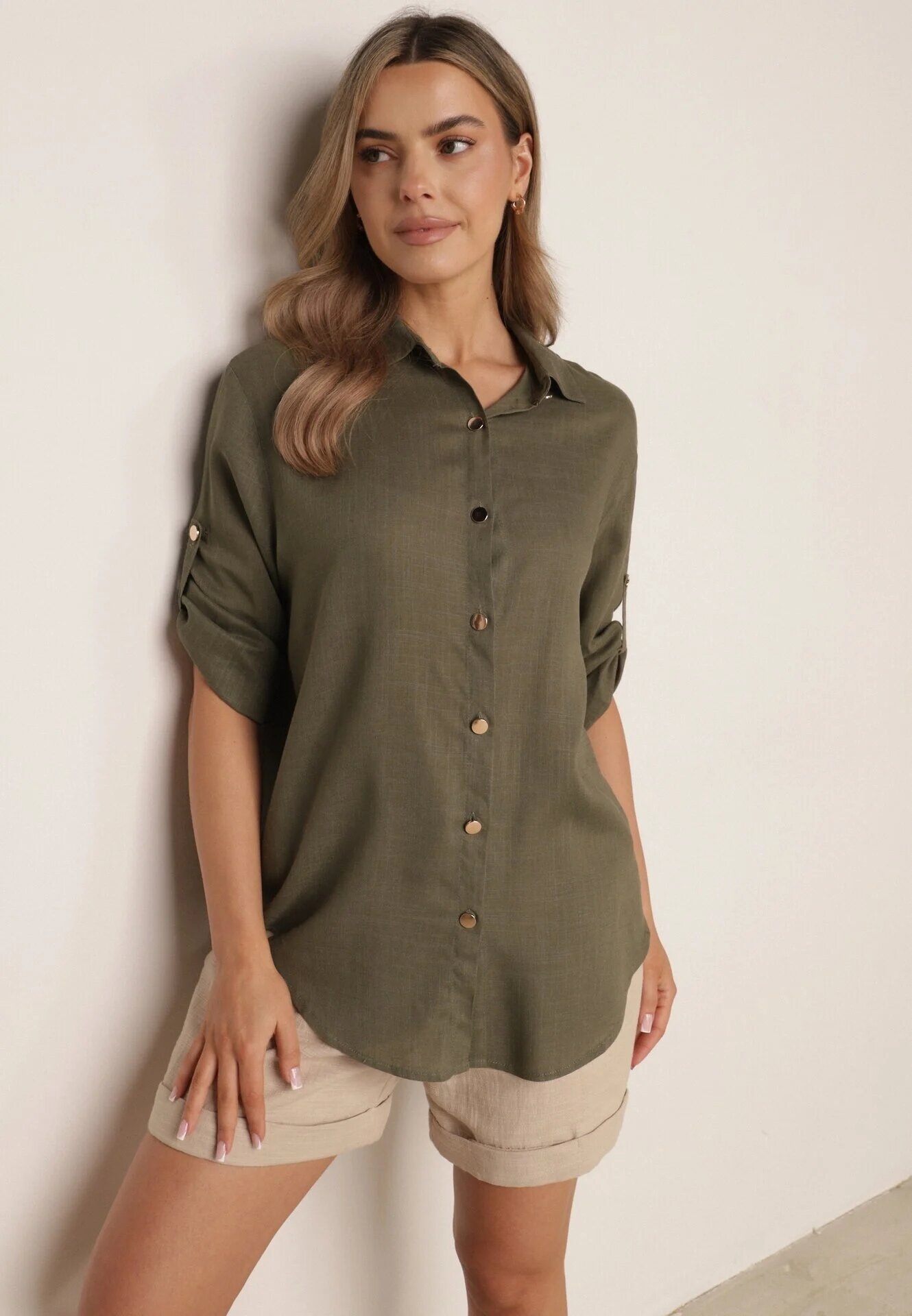 rosita Cămașă Casual din viscoză și in cu mâneci 3/4 imitație de in Verde închis