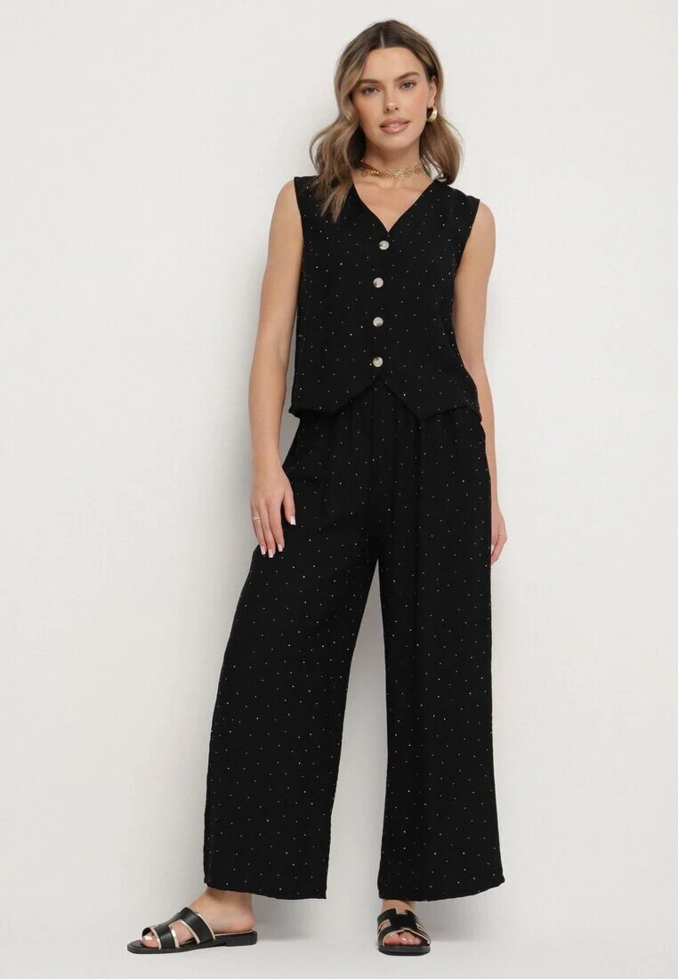 rosita Compleu negru tip costum cu in decorat cu zirconii Vestă și Pantaloni Rederose