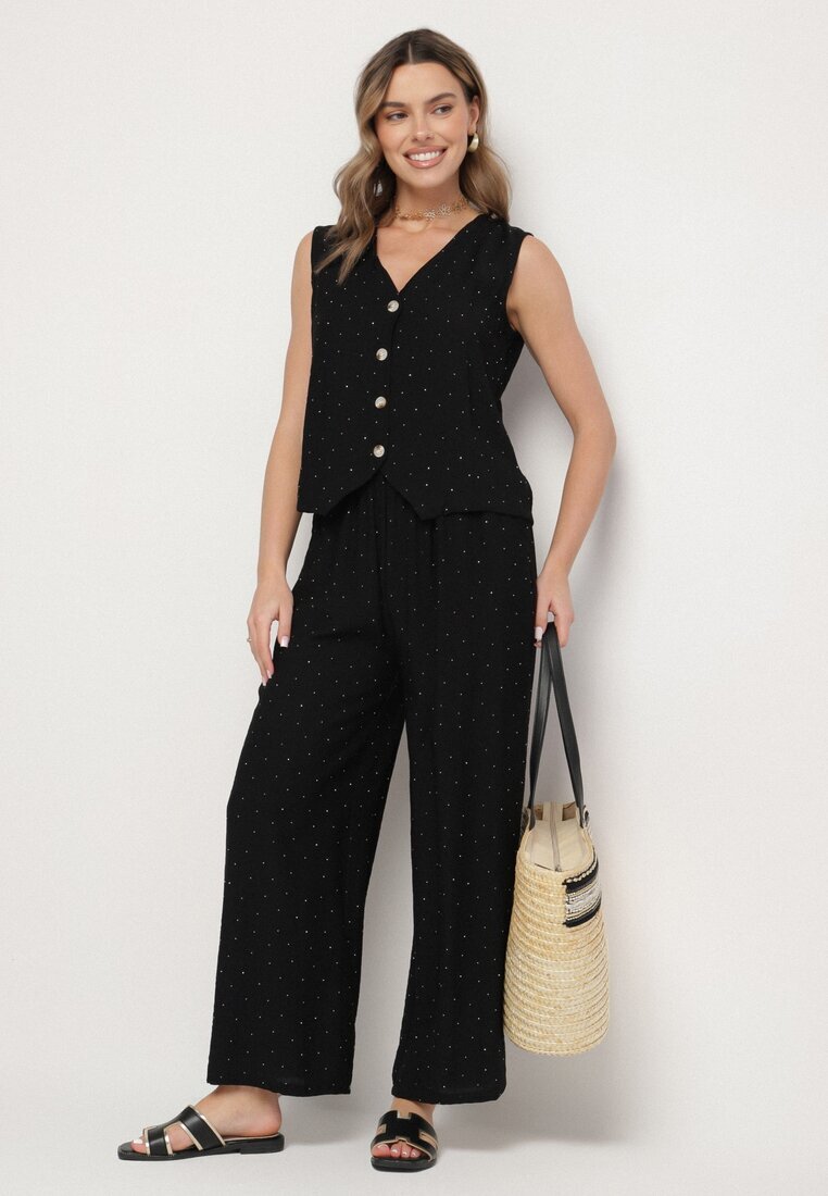 rosita Compleu negru tip costum cu in decorat cu zirconii Vestă și Pantaloni Rederose