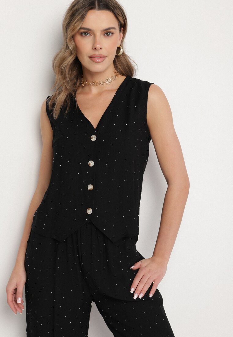 rosita Compleu negru tip costum cu in decorat cu zirconii Vestă și Pantaloni Rederose