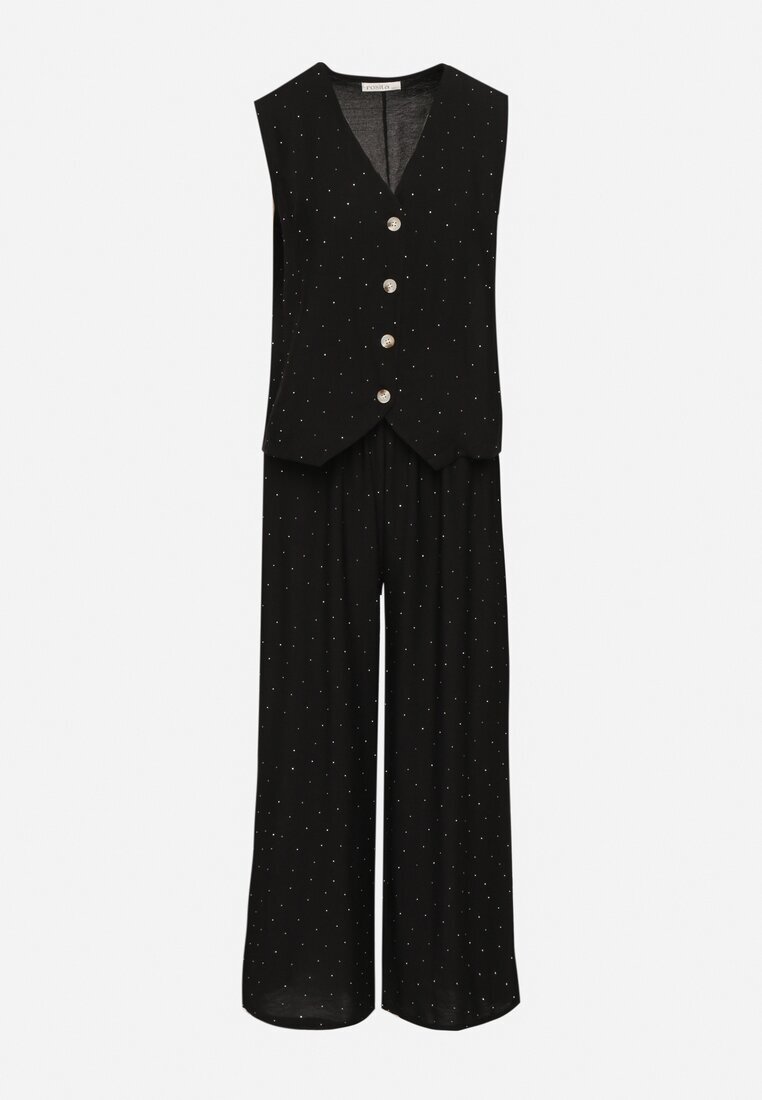 rosita Compleu negru tip costum cu in decorat cu zirconii Vestă și Pantaloni Rederose