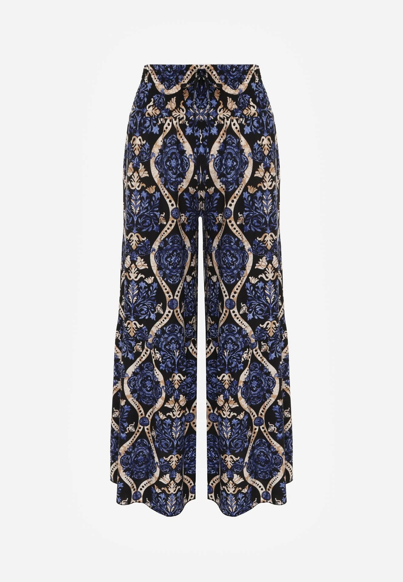 rosita Pantaloni Negru-Bleumarin Largi din Vâscoză cu Talie Înaltă cu Imprimeu Ornamental Zlamelia