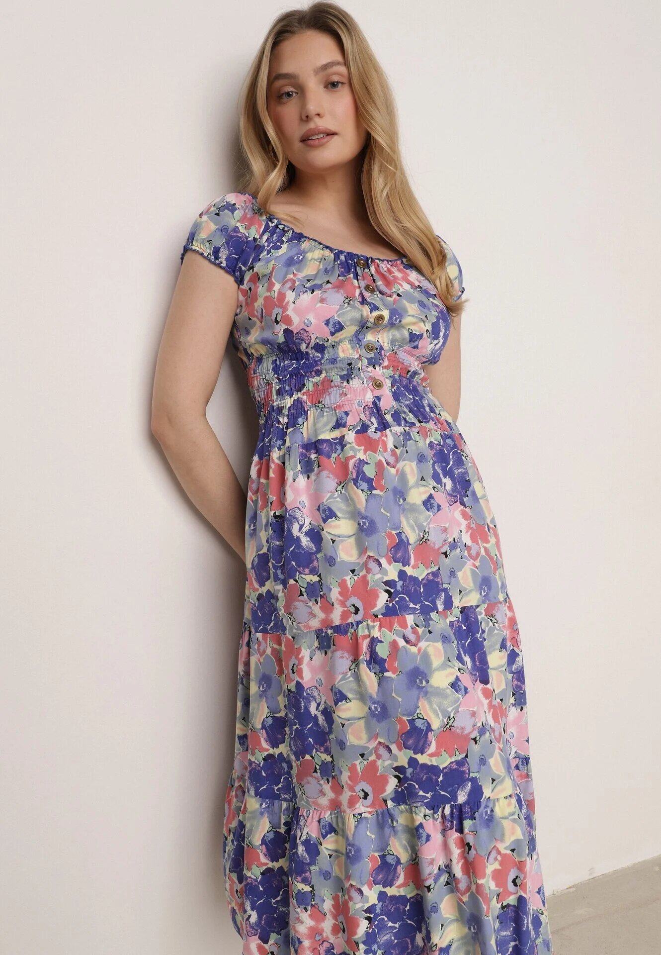 rosita Rochie Albastru-Alb din Vâscoză Midi cu Volane și Imprimeu Floral Exordia