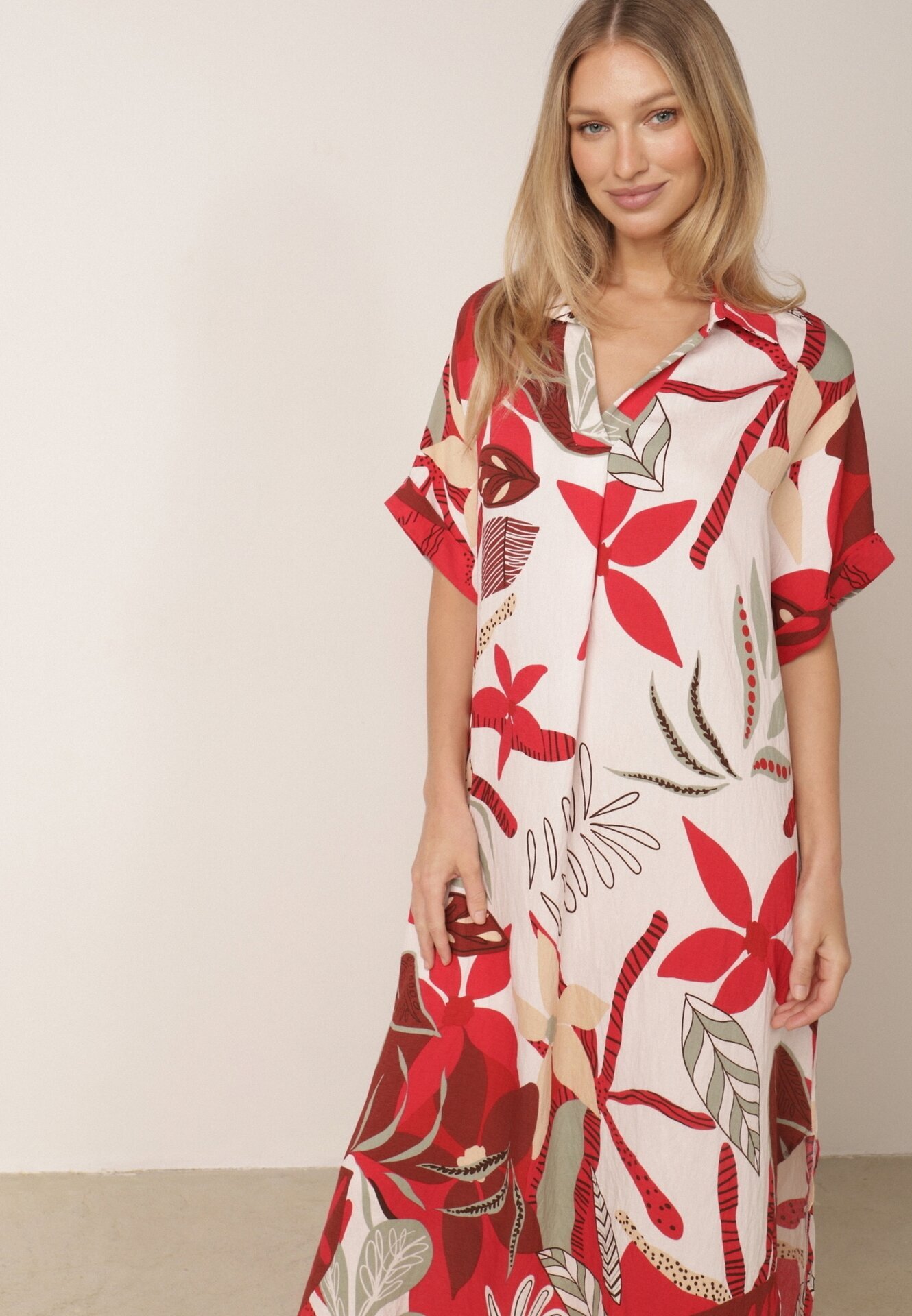 rosita Rochie din viscoză cu croială boxy și model vegetal Peredeia Roșie
