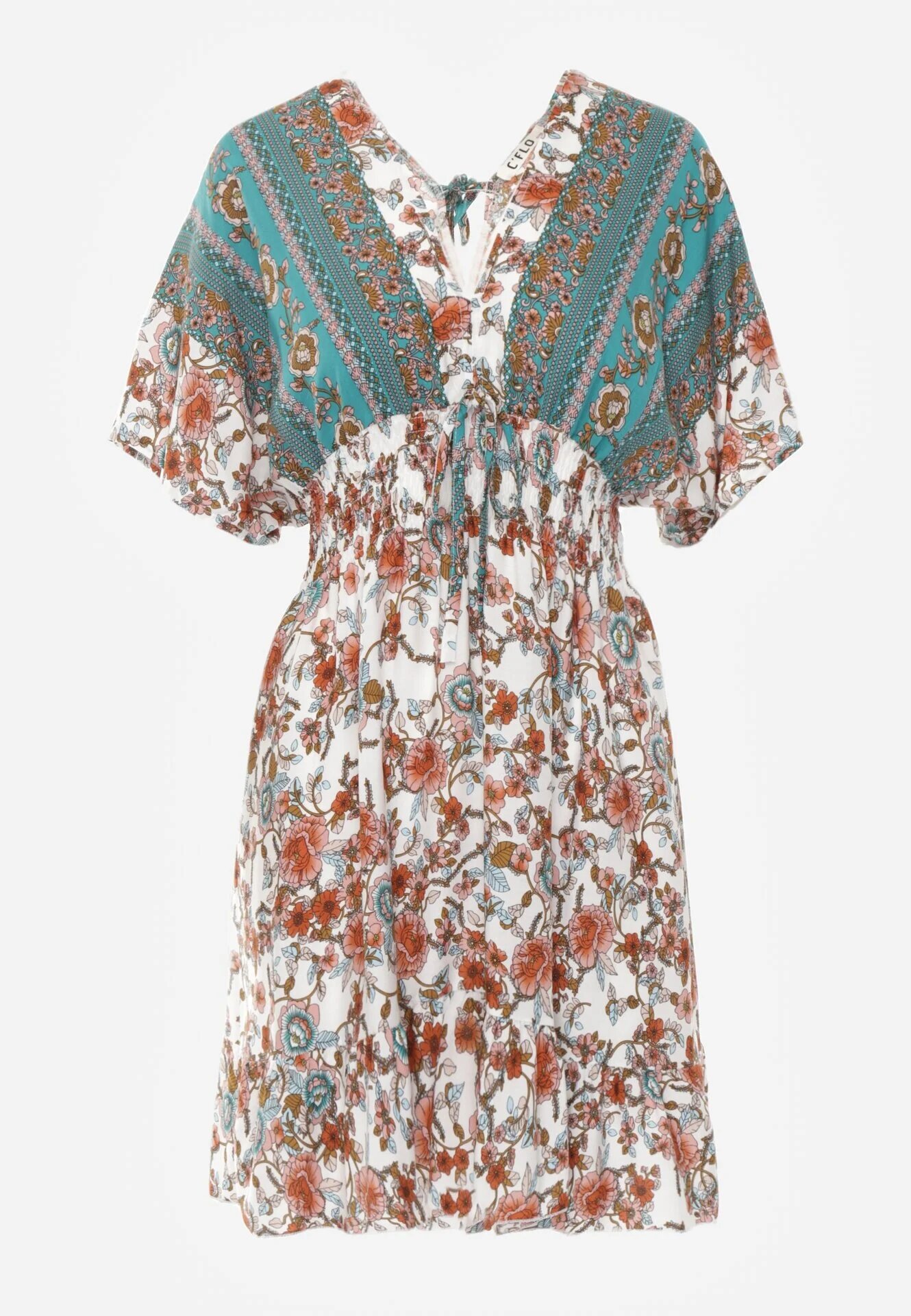 rosita Rochie Mini Alb-Verde din Viscoză cu Elastic în Talie cu Volănaș Hypalina