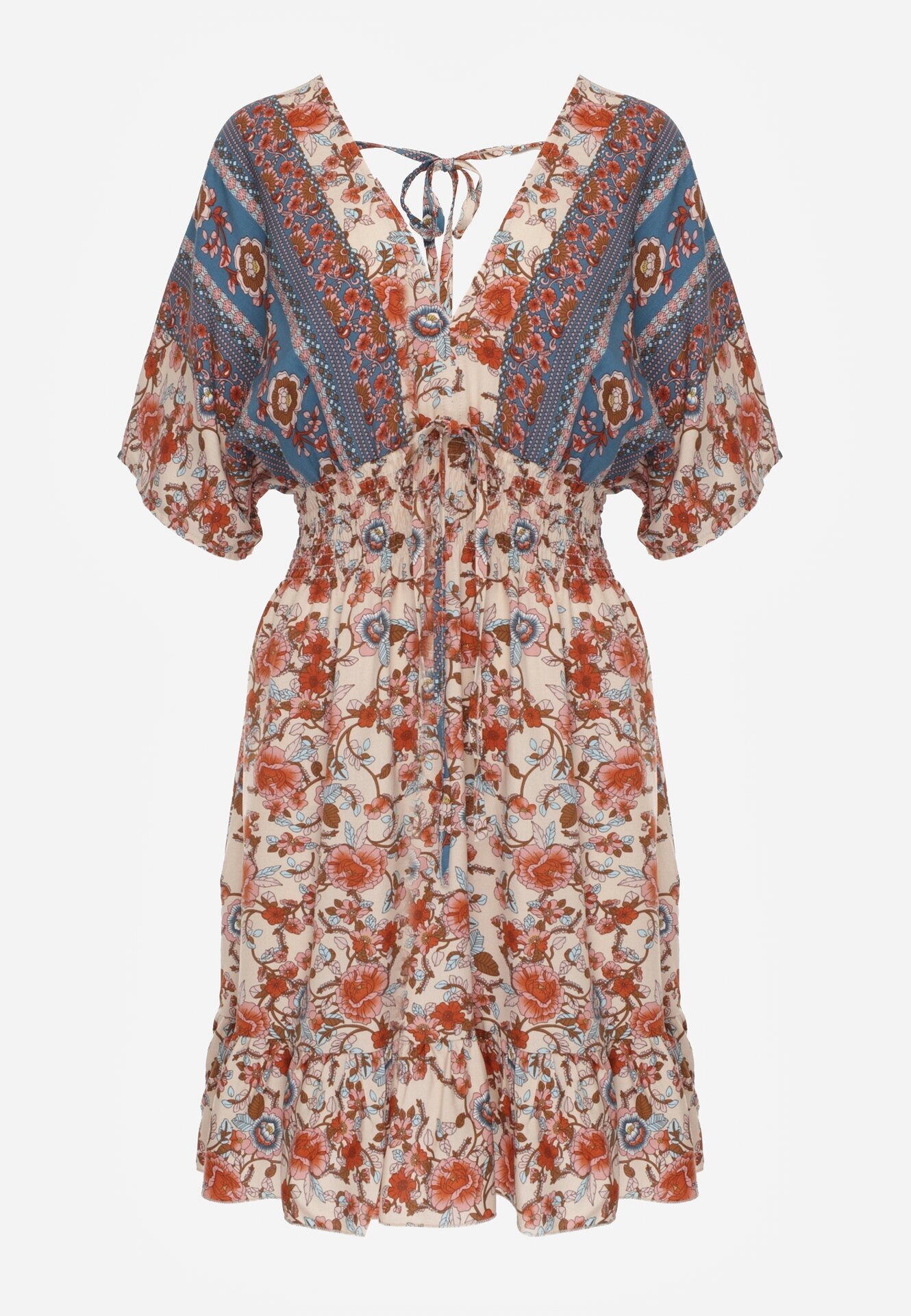 rosita Rochie Mini Bej-Bleumarin din Viscoză cu Elastice în Talie cu Volan Hypalina