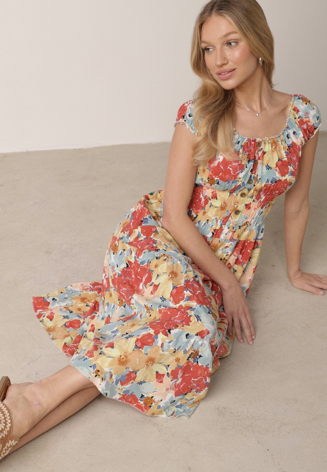 rosita Rochie Roz-Bej de Viscoză Midi cu Volănaș și Imprimeu Floral Exordia