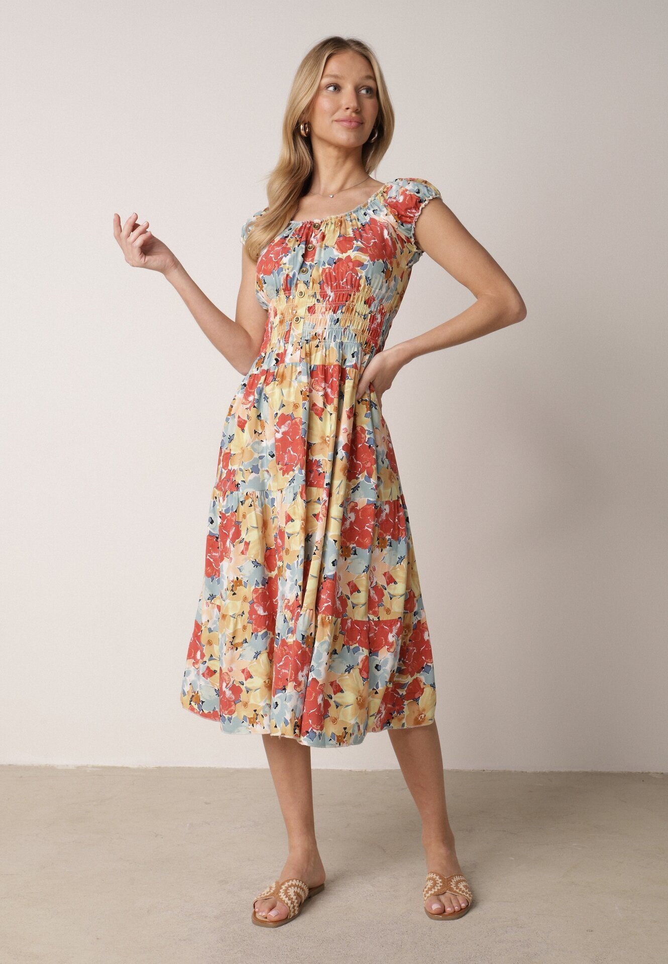 rosita Rochie Roz-Bej de Viscoză Midi cu Volănaș și Imprimeu Floral Exordia