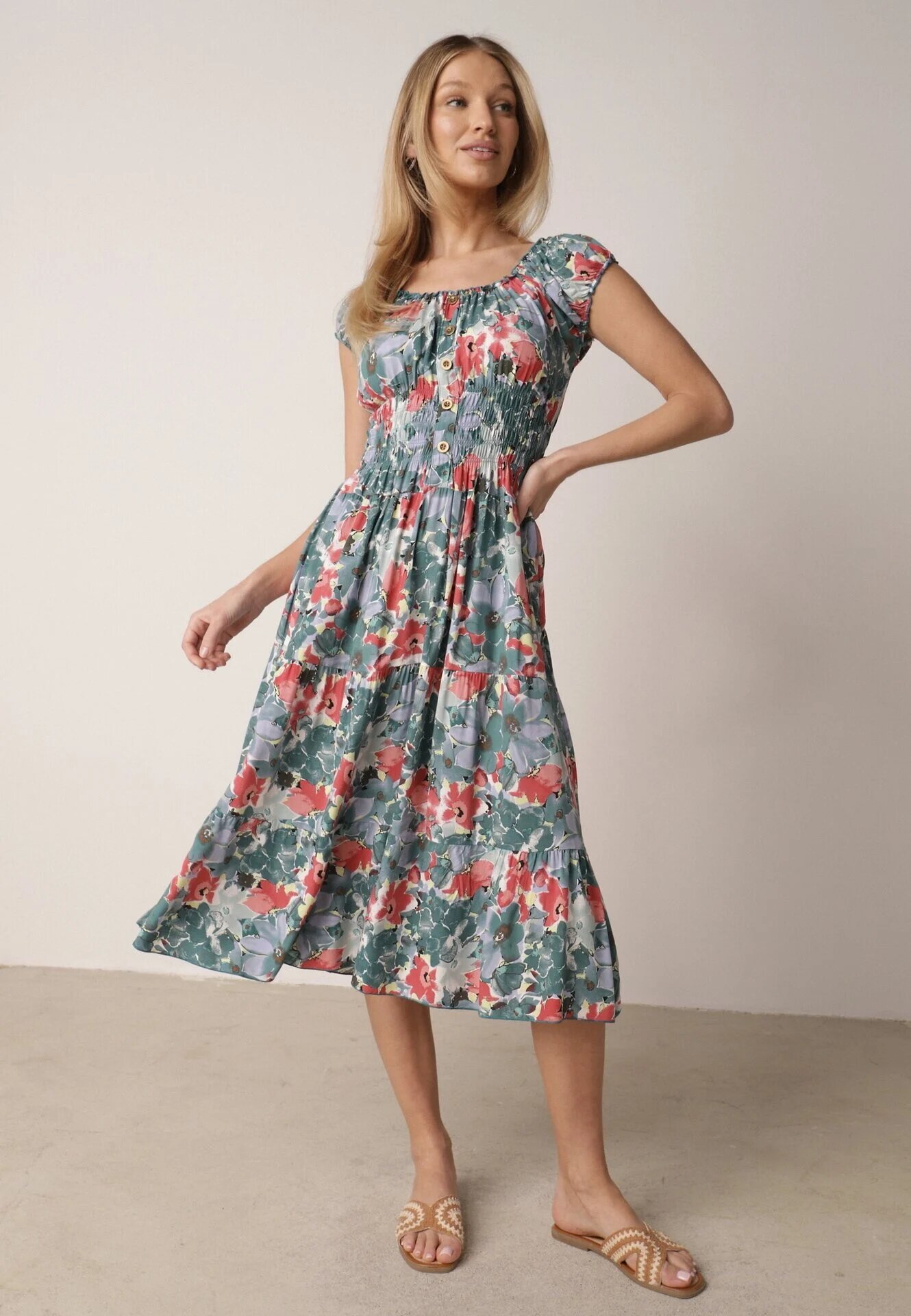 rosita Rochie vâscoză Midi verde-albastră cu volan și cu imprimeu floral Exordia