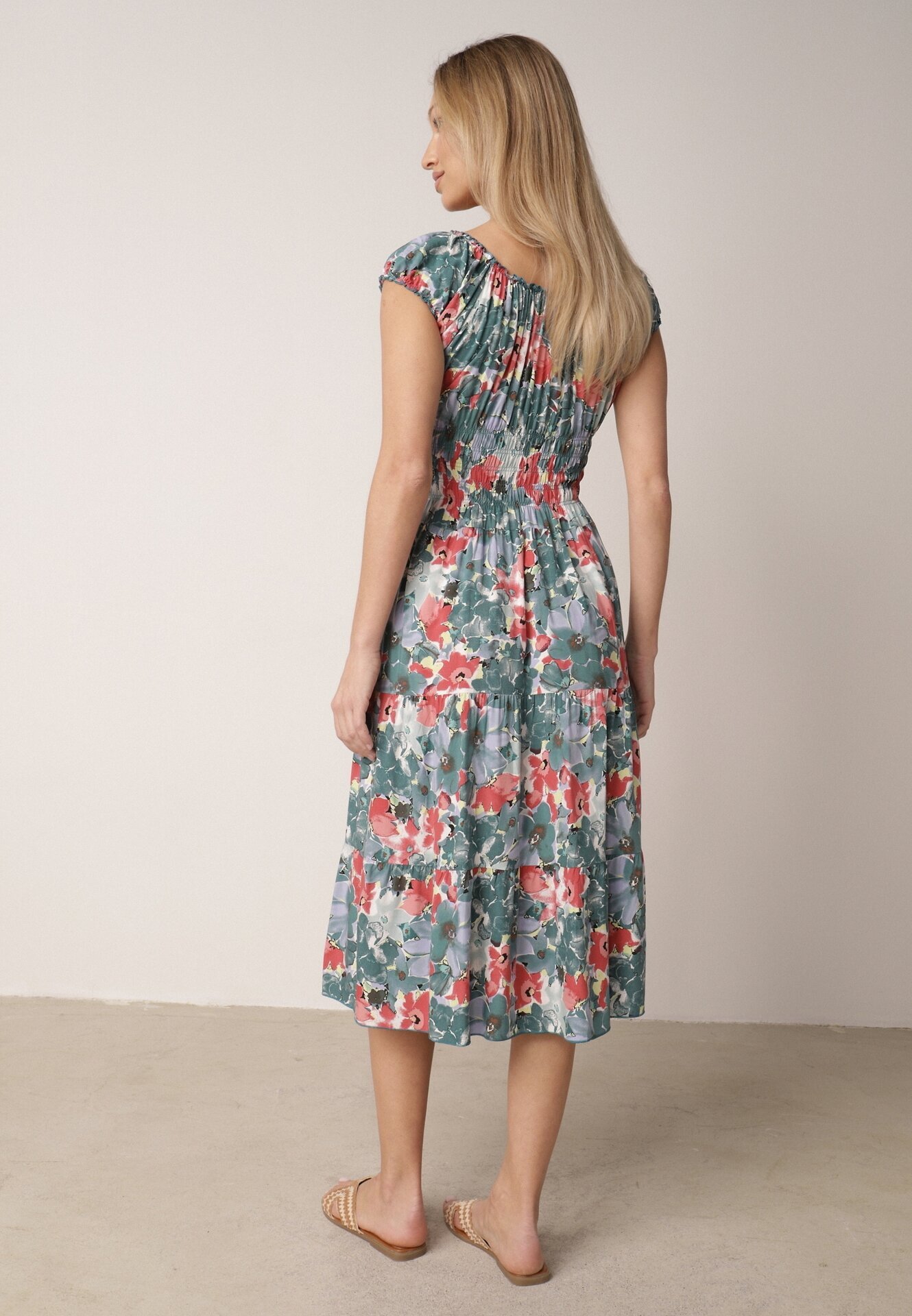 rosita Rochie vâscoză Midi verde-albastră cu volan și cu imprimeu floral Exordia
