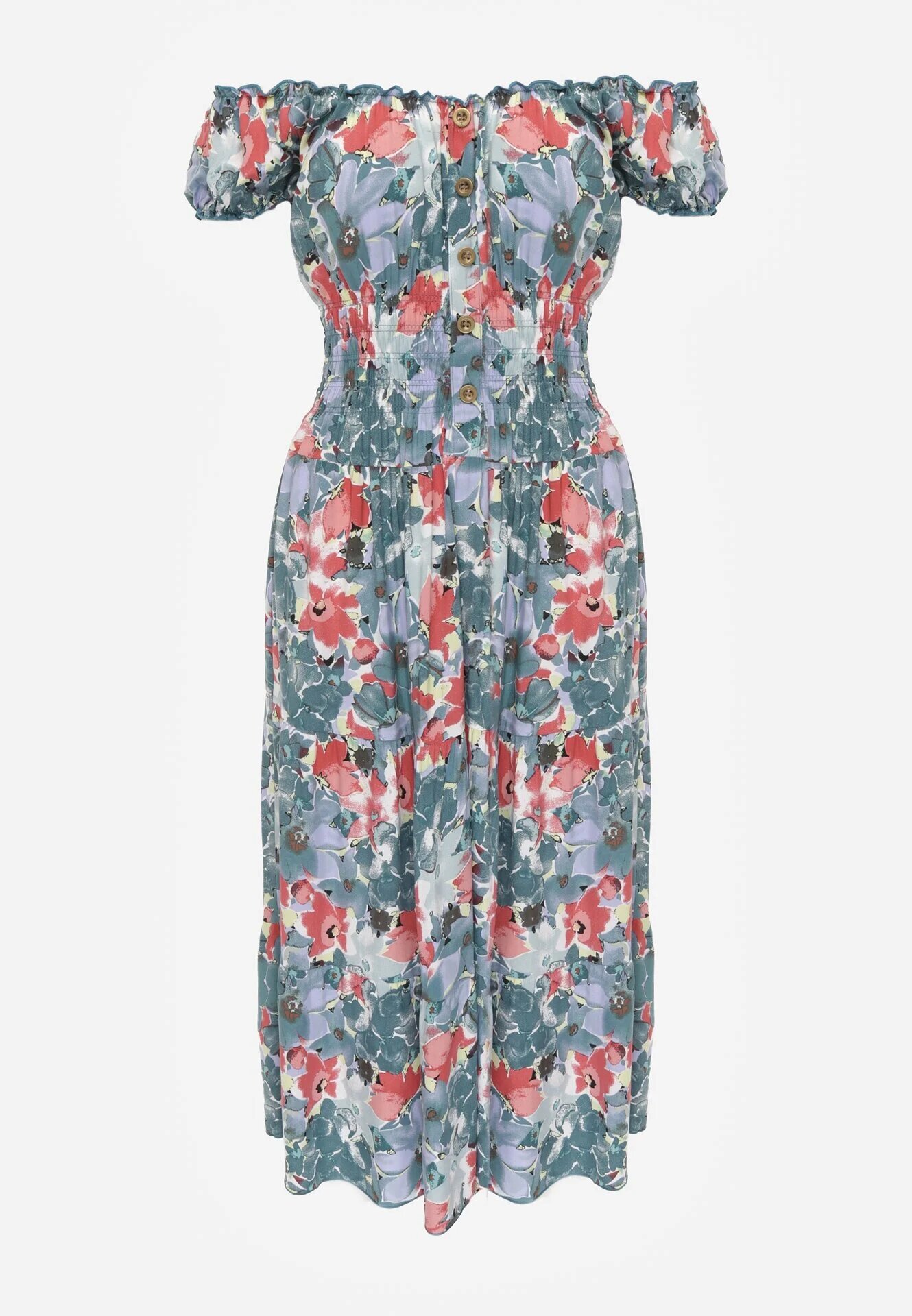 rosita Rochie vâscoză Midi verde-albastră cu volan și cu imprimeu floral Exordia