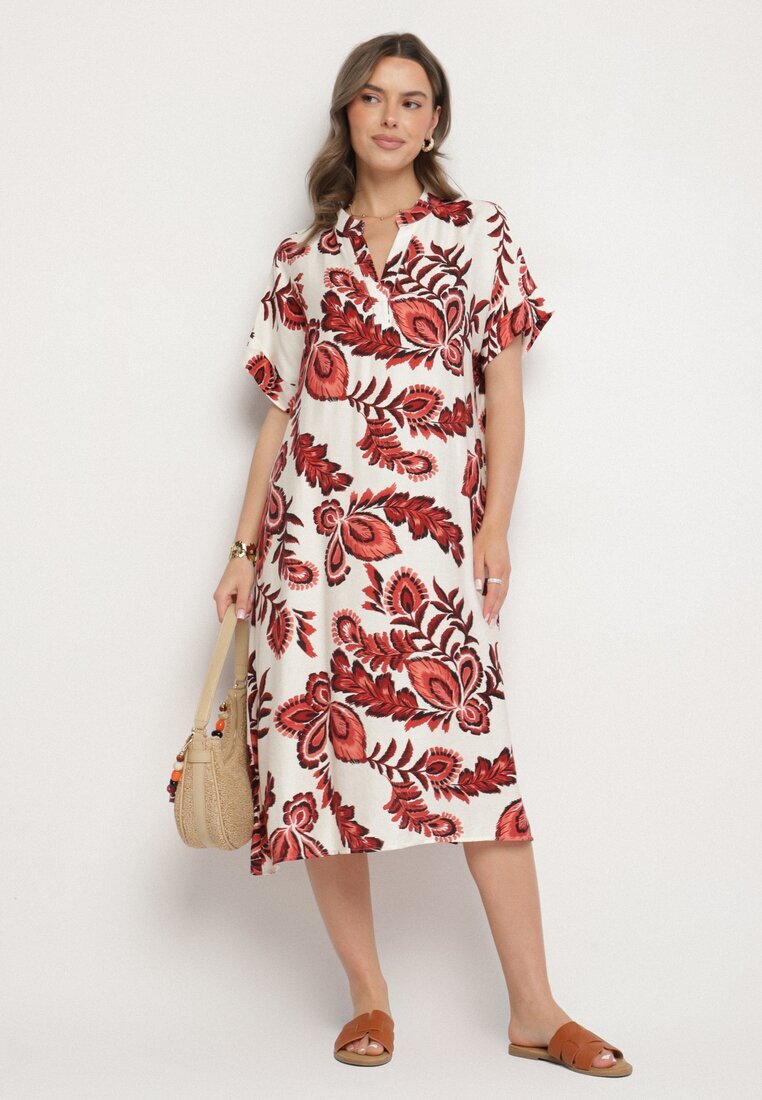 rosita Rochie vișinie dreaptă cu buzunare cu vâscoză și in cu imprimeu floral Boho Natundelia