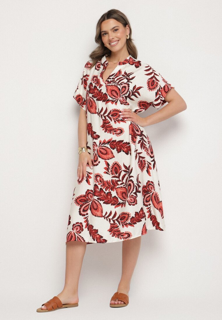 rosita Rochie vișinie dreaptă cu buzunare cu vâscoză și in cu imprimeu floral Boho Natundelia