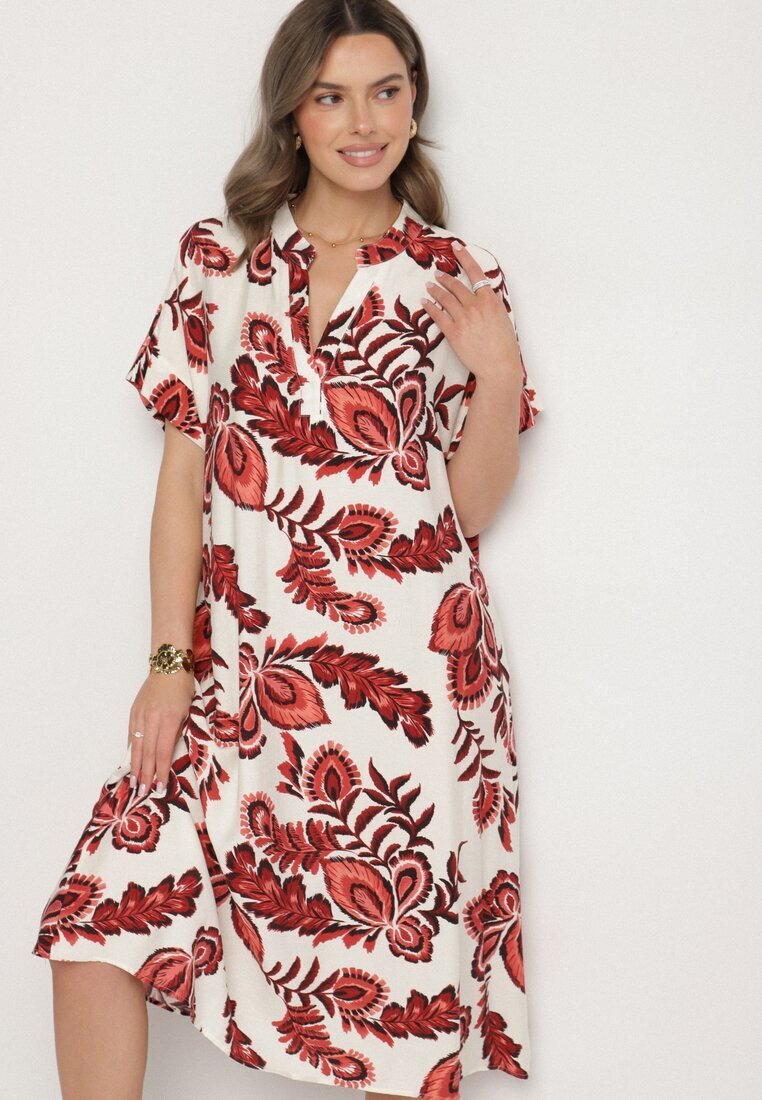 rosita Rochie vișinie dreaptă cu buzunare cu vâscoză și in cu imprimeu floral Boho Natundelia