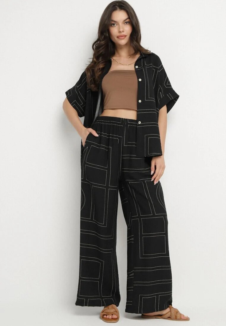 rosita Set Negru cu In și Vâscoză Cămașă și Pantaloni cu Model Geometric Fevoline