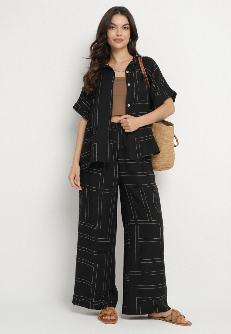 rosita Set Negru cu In și Vâscoză Cămașă și Pantaloni cu Model Geometric Fevoline