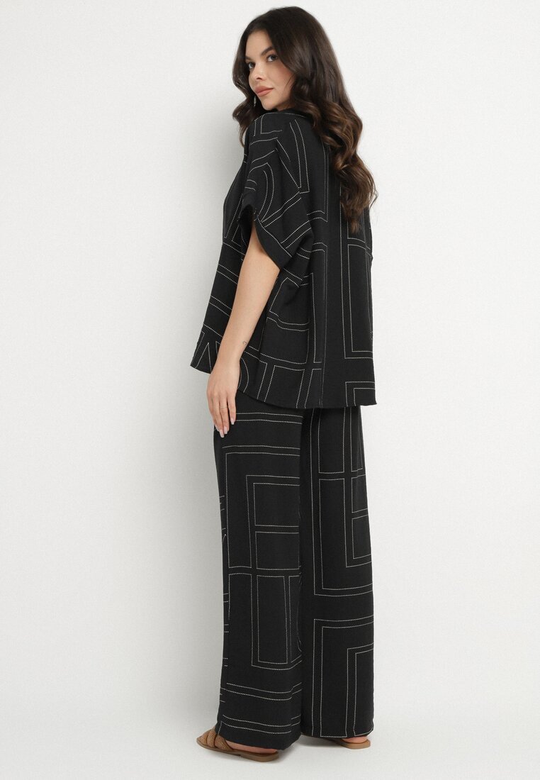 rosita Set Negru cu In și Vâscoză Cămașă și Pantaloni cu Model Geometric Fevoline